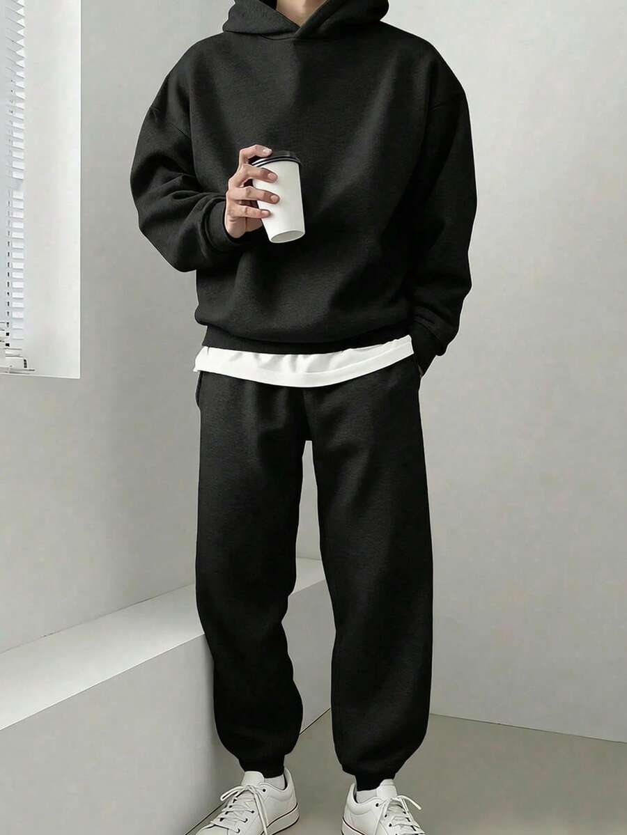 男士休闲运动连帽两件套，秋冬季 - 黑色 - 查看 1