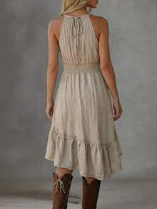 Đầm mùa hè thanh lịch, thoải mái, dây mảnh, thắt eo, dáng chữ A bất đối xứng, xếp ly, kiểu dáng nghỉ mát, thắt eo khoét rỗng dành cho nữ. - Màu Khaki - Xem 2