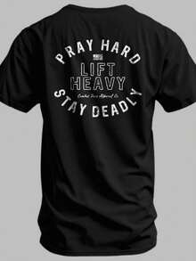Camiseta Negra con Estampado Pray Hard Lift Heavy Stay Deadly para Entrenamiento y Actividades Deportivas - Negro - Ver 1