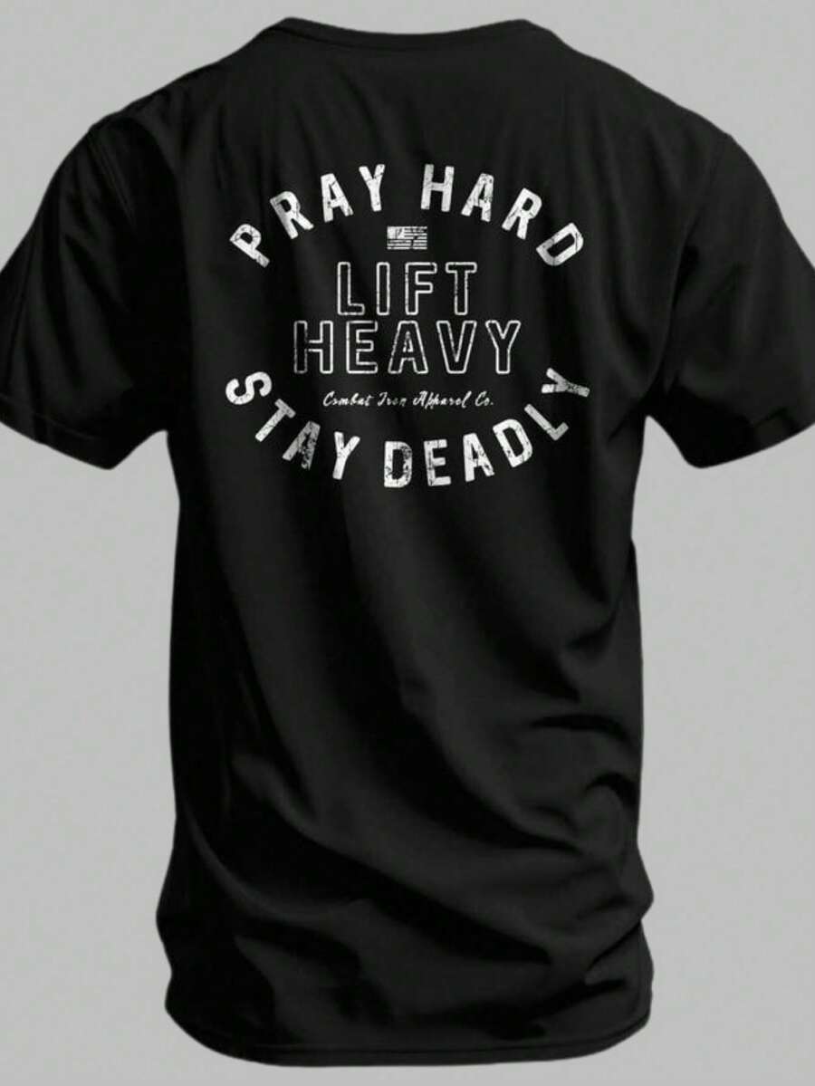 Camiseta Negra con Estampado Pray Hard Lift Heavy Stay Deadly para Entrenamiento y Actividades Deportivas - Negro - Ver 1