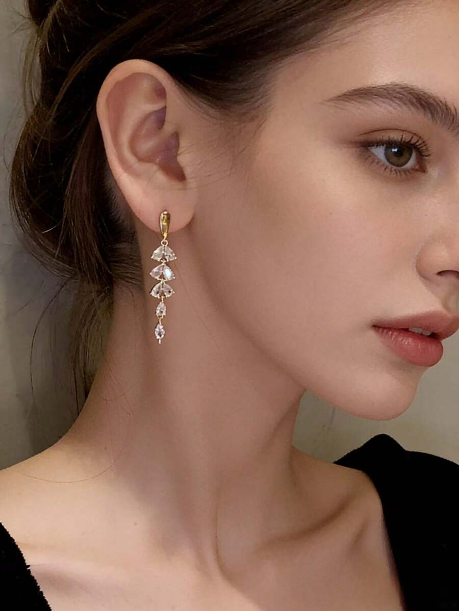 1对水滴形流苏耳环，长款流苏耳环，适合女士参加派对和日常佩戴 - 金黃色 - 查看 1