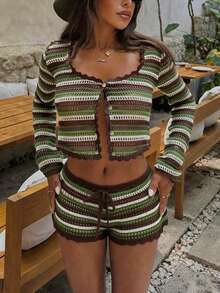 2件套女士夏季撞色条纹镂空露脐罩衫短裤套装，沙滩度假风，优雅露脐上衣搭配薄款短裤，适合春夏季节、沙滩派对、假日穿着 - 彩色 - 查看 5