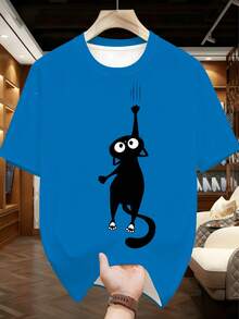 Plus Size Men's Pajama Set | Round Neck Short Sleeve Top And Elastic Waist Casual Shorts 2 Pieces Set | Polyester Knit Fabric Soft And Breathable Loose Fit | Cute Climbing Cat Pattern Print Casual Design - Royal Blue - View 2