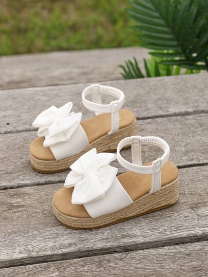 Summer Kids Versatile White Bow Knot Woven Thick Bottom Sandals, Girls Soft Sole Non-Slip Durable Outdoor Beach Vacation & Daily Wear Shoes