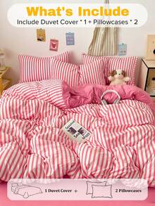 Set de 3 piezas, Juego de ropa de cama a rayas de color magenta minimalista (1 Funda nórdica + 2 Fundas de almohada, Edredón e Insertos de almohada no incluidos), Fibra sintética lavada con agua, Tamaño completo, Suave y cómodo, Adecuado para dormitorio, hogar, hotel, todas las estaciones, Cierre con cremallera, Juego de ropa de cama de colores duraderos y de gran tamaño - Rosa rosa - Ver 5