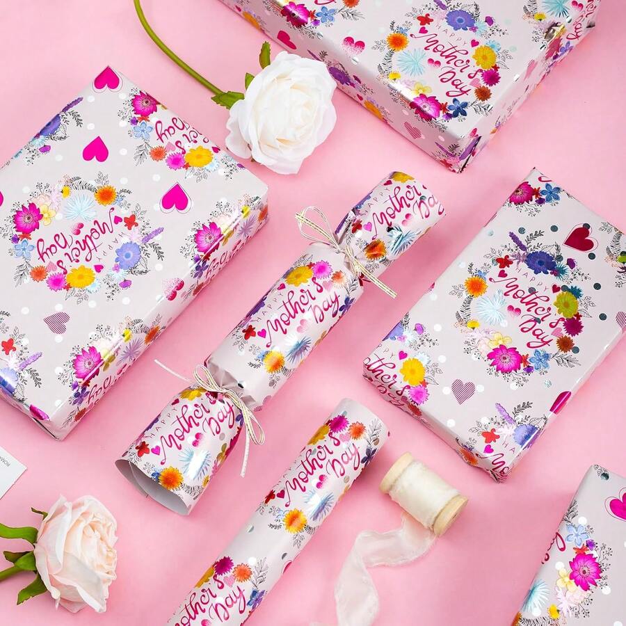 1卷母亲节礼品包装纸 - 母亲节快乐花卉和箔纸爱心图案，17英寸 x 32.8英尺，粉色箔纸 - A - 查看 1