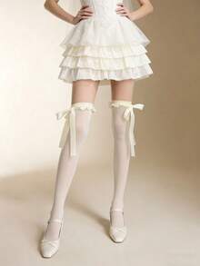 1 đôi tất dài đến đùi màu trắng viền satin gợi cảm, chi tiết mềm mại như lụa, thích hợp cho đám cưới, tiệc tùng, kỳ nghỉ và mặc hàng ngày. - Nhiều màu - Xem 5