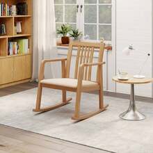 Rocking Chair With Cushioned Seat, Slatted Back & Curved Armrests For Living Room - Tự nhiên - Xem 5