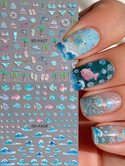 Pegatinas de arte de uñas 5D con relieve de peces azules iridiscentes, olas y burbujas de océano de verano, elementos brillantes de vacaciones en la playa, calcomanías autoadhesivas para decoración de uñas, suministros de arte de uñas, regalo para niñas