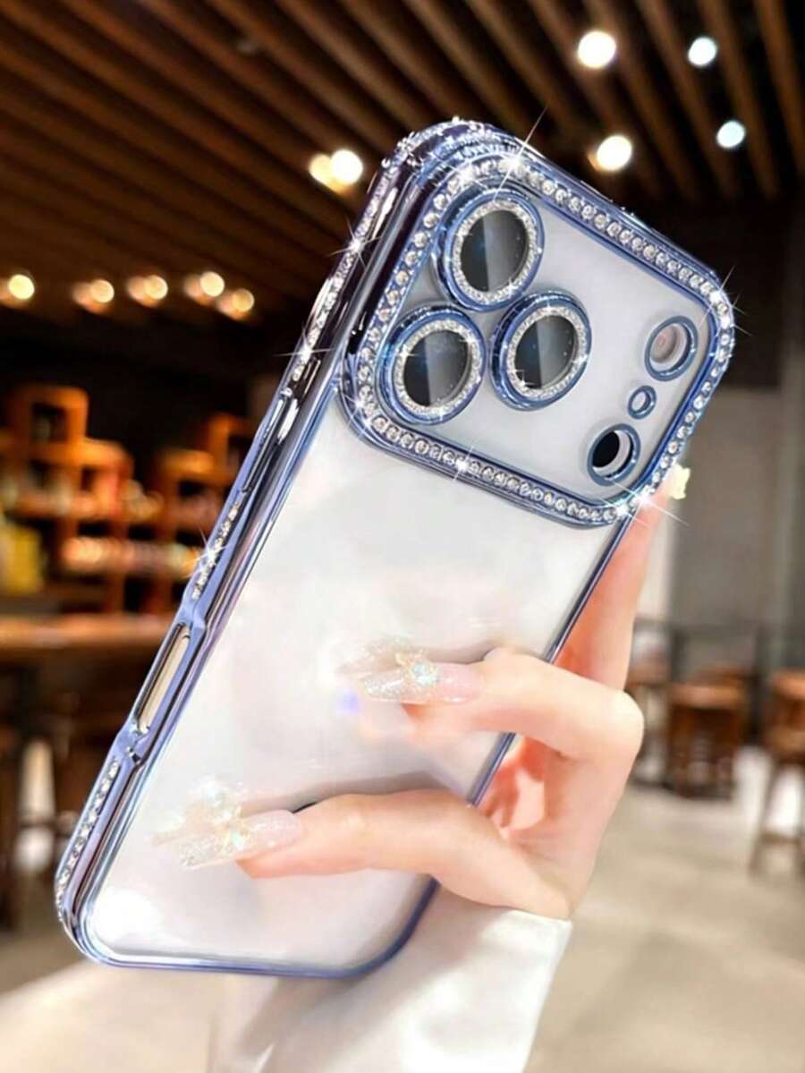 Ốp lưng điện thoại trong suốt đính đá kim cương, phù hợp với 17 Pro Max, 17 Pro, 16, 15, 14, 13, 12 Pro Max, 14, 15, 16 Plus, 11, 17, 13, ốp bảo vệ ống kính lấp lánh. - Màu xanh lam - Xem 1