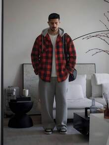 Mens Flannel Hoodie Shirts Long Sleeve Casual Plaid Jackets - 紅色 - 查看 10