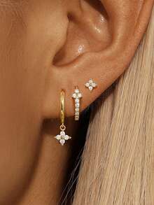 3 piezas Conjunto de pendientes colgantes de flores de circonita de moda para mujeres, chapados en oro de 18K, pendientes de aro con flores geométricas para perforación del cartílago, joyería - 3PCS-Oro 1 - Ver 2