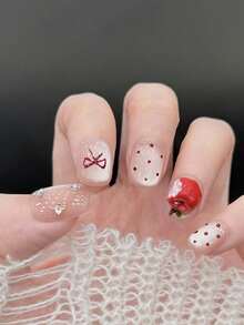 Bộ 10 móng tay giả dán hình quả táo, hạt cườm thủy tinh, mắt mèo, nơ và chấm bi, vẽ tay, dễ thương, thủ công, có thể đeo được. - Nhiều màu - Xem 2