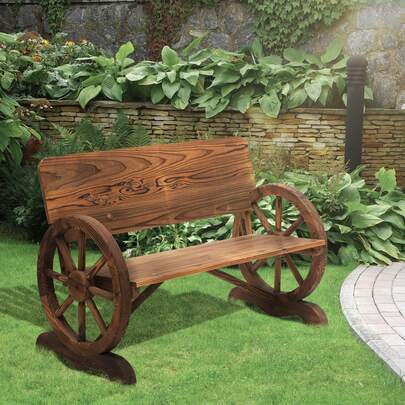 Banco de jardim de madeira maciça com dois lugares e apoios de braço, design inspirado em rodas de carroça, mobiliário de jardim, capacidade máxima de carga de 250 kg, estilo rústico, 114 x 58 x 80 cm, castanho