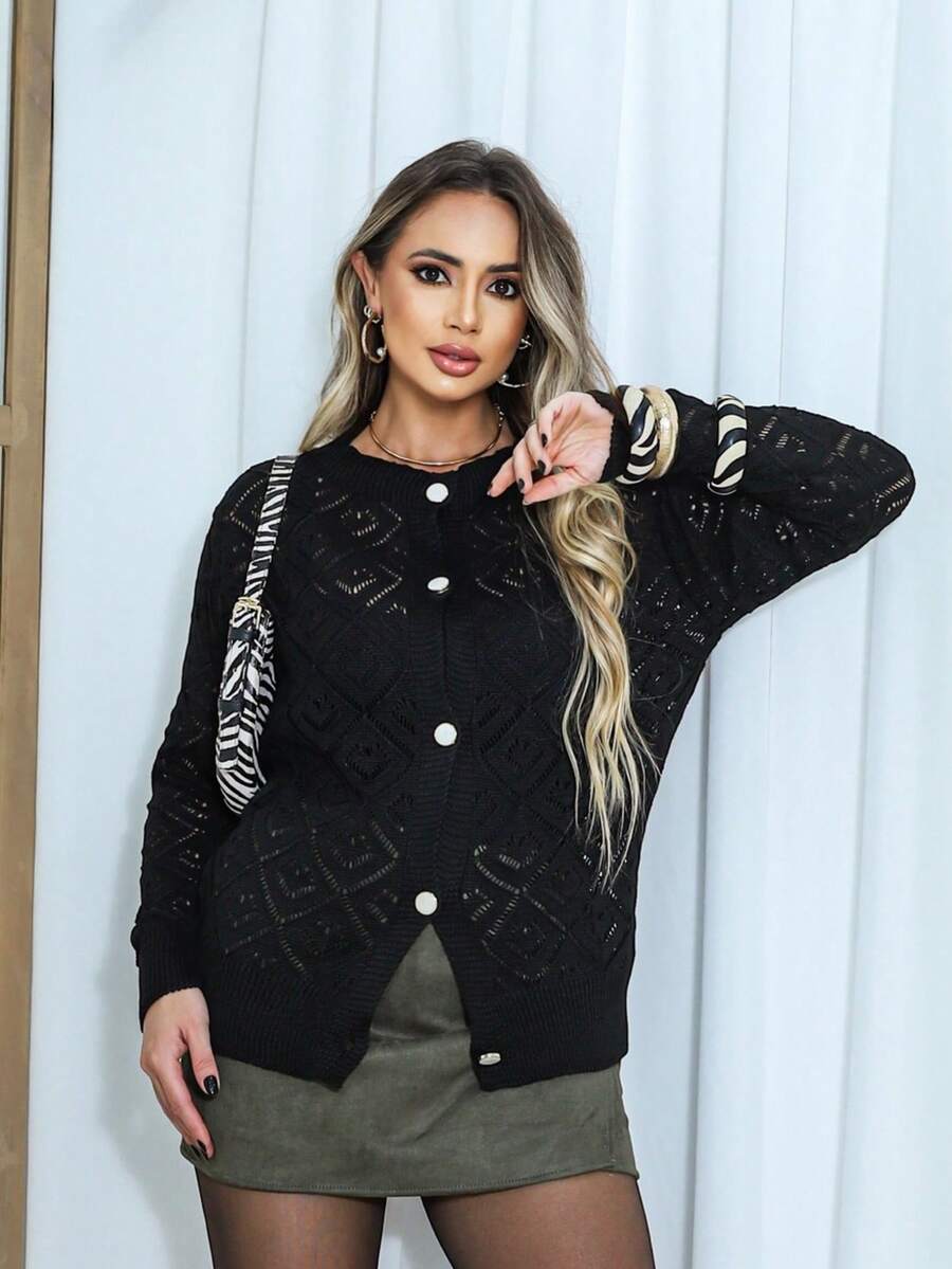 Women's Long Sleeve Cardigan In Knitted Blouse With Buttons, Elegant Coat For Winter And Everyday Wear, Women's Thin Cardigan Blouse - 黑色 - 查看 1