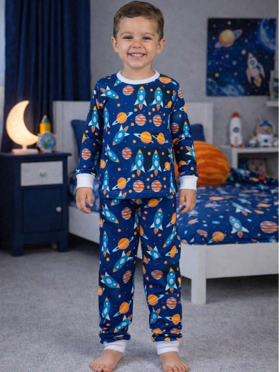 Boys' Space Rocket Planets Long-Sleeved Pajamas, Comfortable Premium Knit, Sizes 2 To 12 Years - TÊN LỬA - Xem 1