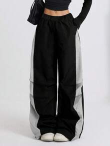 1 pièce Pantalon droit minimaliste, polyvalent, élégant, mode, décontracté, confortable et respirant, convenant pour le port quotidien, l'entraînement, l'extérieur, la course, le blocs de couleurs, Halloween, printemps/été/automne, pour filles et adolescentes - Noir - Voir 4