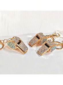 1pc Rhinestone Decorated Referee Whistle Keychain, Bag Charm, Pendant, Keyring, Sports Event Prize - Gold - View 2