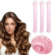 3件套女士免加热卷发棒套装，缎面材质，包含卷发棒、发圈卷发器和电动卷发棒，内置柔韧金属丝，可睡眠时使用，高弹橡胶填充，柔软耐用，适合普通发质，蓬松卷发工具，简约欧美风大波浪睡眠卷发器 - 多款 - 查看 8