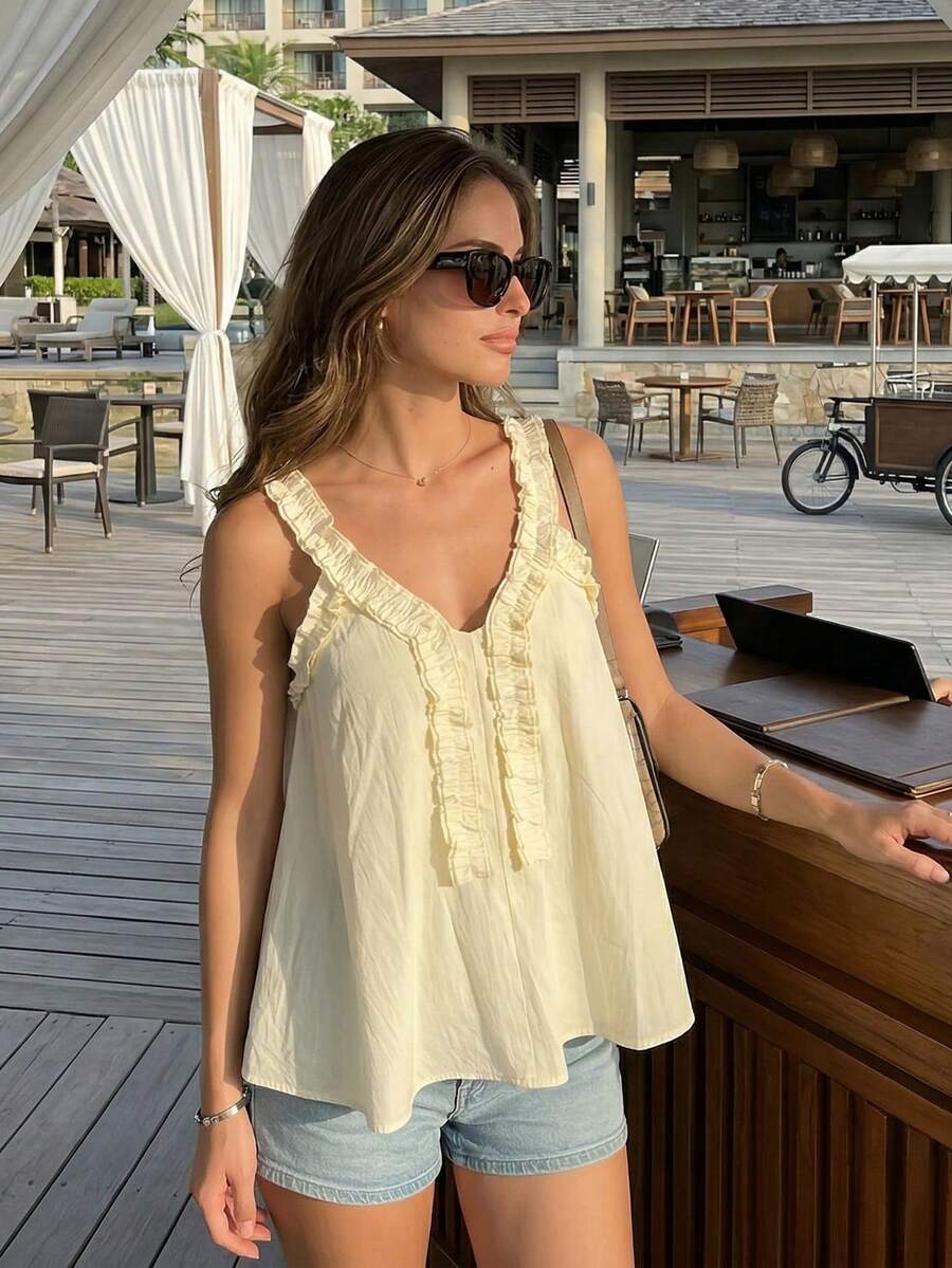Women's Solid Color Frill Trim Casual Versatile Daily Wear Top Summer - Apricot - View 1