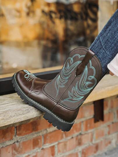 Mioeert Giày bốt cao bồi kiểu phương Tây thêu hoa thanh lịch, thoải mái, thích hợp cho đám cưới, tiệc tùng, hoạt động ngoài trời, mọi mùa, mũi tròn, mềm mại, êm ái dành cho nữ.