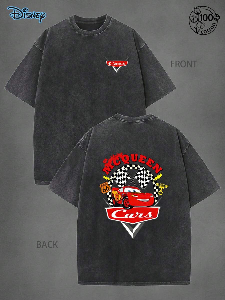 Disney Authorized Lightning McQueen Cartoon T-Shirt, Lightning McQueen Shirt, Graphic Tees Men, Pixar Cars Shirts, 230G Washed High-Quality Cotton Printed T-Shirt, Men Clothes, Suitable For Street Retro And Outdoor Sports And Leisure, Cool, Disneyland Family Vacation Shirts,Disney T-Shirt,Rayo Mcqueen,Men Gifts - màu đen - Xem 1