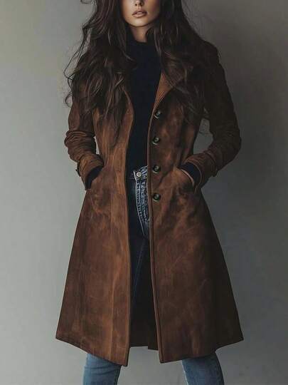 Women's Elegant, Casual, Retro Solid-Color Suede Trench Coat For Fall