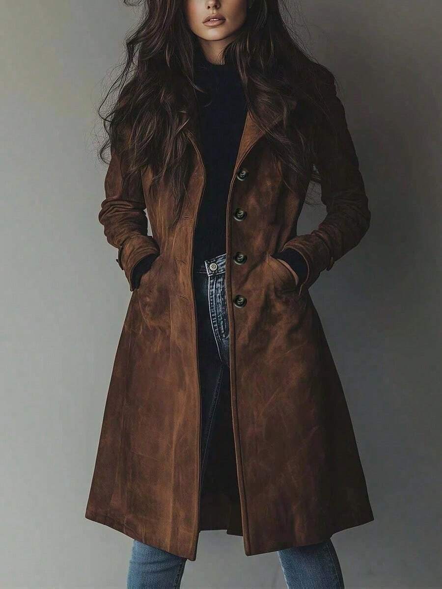Women's Elegant, Casual, Retro Solid-Color Suede Trench Coat For Fall - Cà phê nâu - Xem 1