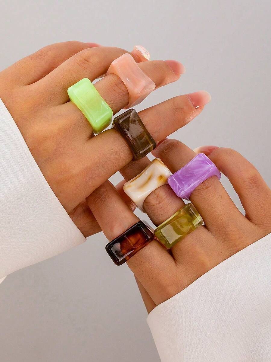 Bộ 7 chiếc nhẫn nhựa màu dopamine thời trang cá nhân hóa dành cho nữ, phụ kiện trang sức hàng ngày cho phái đẹp. - Nhiều màu - Xem 1