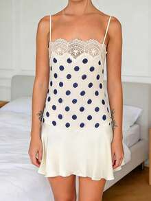 Women's Dots Print Mini Dress Sleeveless Spaghetti Strap Flare Dress Summer Casual Dress - Azul - Ver 5