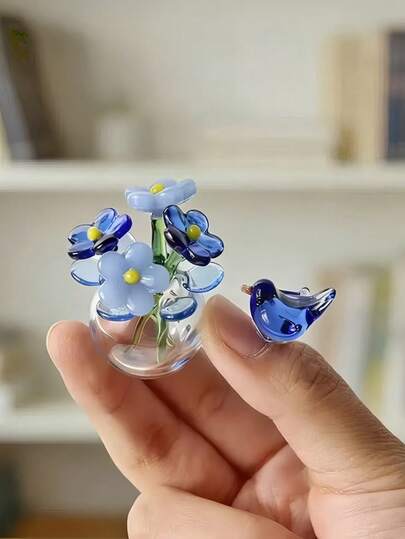1件/4件/5件迷你玻璃花束花盆装饰，仿真睡莲小花瓶，郁金香植物，手工玻璃花束礼品（颜色/尺寸略有不同），永生花桌面摆件，可爱仿真玻璃花装饰，手工吹制玻璃花，花束小花瓶。适用于情人节、父亲节、母亲节、教师节、复活节、儿童节、妇女节、家居装饰、教室装饰、学习用品。
