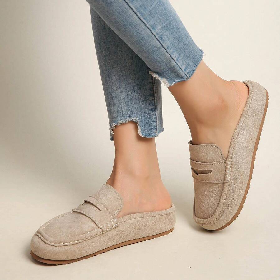 Preppy Style Patchwork Office Lady Fashion Versatile New Plus Size Women Shoes, Backless Flat Soft Bottom Comfortable Shoes For Spring & Autumn - Khaki - View 1