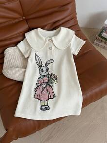Easter Girls' Summer Dress Cute Rabbit Holding Flower Pattern Lapel Short Sleeve Sweet A-Line Fitted Dress For Toddler - Apricot - View 1
