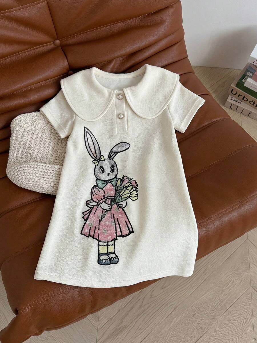 Easter Girls' Summer Dress Cute Rabbit Holding Flower Pattern Lapel Short Sleeve Sweet A-Line Fitted Dress For Toddler - Apricot - View 1