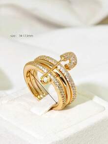 4pcs/Set Fashion Design Brooch Rings, Copper Plated Zirconia Rings Gift For Women - A Gold Three-layer Ring - View 2