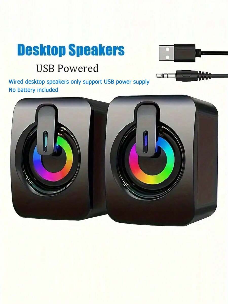This 2.0 Wired Desktop Speaker Supports USB Power Supply, Equipped With 3.5mm AUX Input, Volume Control, And LED Light. It Is A Portable Mini Gaming Speaker Suitable For PC, Laptop, Tablet, Mobile Phone, MP3 Player And Other Devices, No Battery Required.