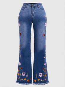 New Women'S Jeans For Everyday Use In 2026, Featuring Casual, Breathable Material, Retro Dark Blue Embroidered Flared Design, And Extended Floor-Length Style - 藍色 - 查看 7