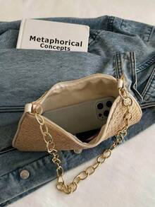 女士时尚编织单肩包，休闲弧形法棍包，配粗金链肩带，夏季沙滩手提包，适合度假 - 卡其色 - 查看 5