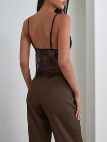 Women's Summer Top, Sexy Black Spaghetti Strap Tank Top With Lace Patchwork, Cropped Fitted Backless Camisole, Fashionable Streetwear Casual Vacation Sexy Tank, Suitable For 's Day, June Festival, Dates, Gatherings, Parties, Travel, Vacation, Beach And Other Occasions, Summer Outfit, Top - Black - View 3
