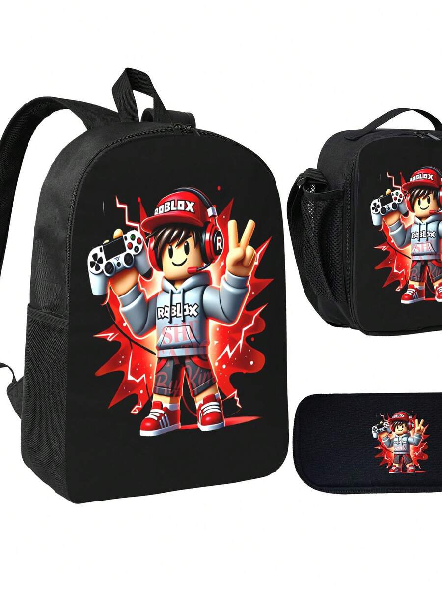 [Back-To-School Essential Set] Large-Capacity Backpack + Pencil Case + Lunch Bag (3-Piece Set) - Multi-Functional Compartments,Water-Resistant & Durable Fabric - Black - View 1