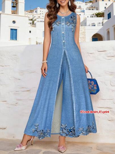 2pcs/Set Women's Spring/Summer New Faux Denim Print Sleeveless Crop Top + Loose Flowy Wide Leg Pants Set (Non-Denim Fabric), Lightweight & Comfortable For Daily, Vacation, Multi-Occasion Fashionable Outfit, Sleeveless Round Neck Wide Leg Split Suit, Women's Casual 2-Piece Set, Stylish Summer Outfit