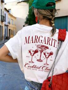 1 chiếc áo thun ngắn tay cổ tròn kiểu Y2K, áo sơ mi nữ casual in hình MAEGARITA, áo trắng rộng rãi, đa năng, thanh lịch. - trắng - Xem 5