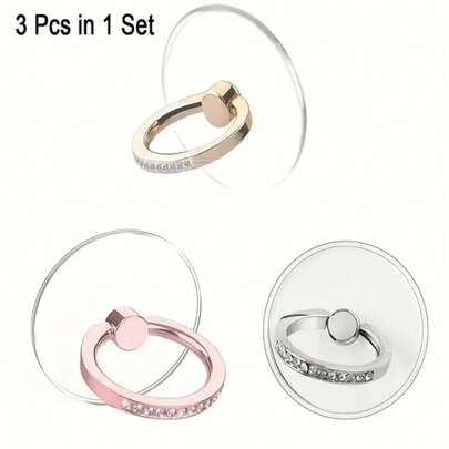 3pcs/ Silver Diamond Ring Buckle Phone Holder, White Steel Ring Lazy P Back Sticker Holder Crystal Acrylic Transparent Ring Holder 360° Rotating Holder Phone Ring For Phone Back, Compatible With Various Phones Or Phone Cases