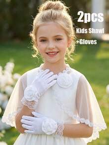 2pcs/Set Girls' White Floral Shawl + White Floral Satin Gloves, 2-Piece White Princess Style Shawl, Wedding Photography Prop, Wedding Decoration, Party Photo Booth Prop, Wedding Supplies - 2PCS - View 7