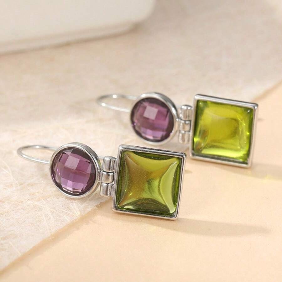 Pendientes de cristal morado y verde con diseño minimalista elegante, pendientes versátiles y de moda para mujeres, regalo ideal para días festivos y adecuado para uso diario o de vacaciones - Plateado - Ver 1