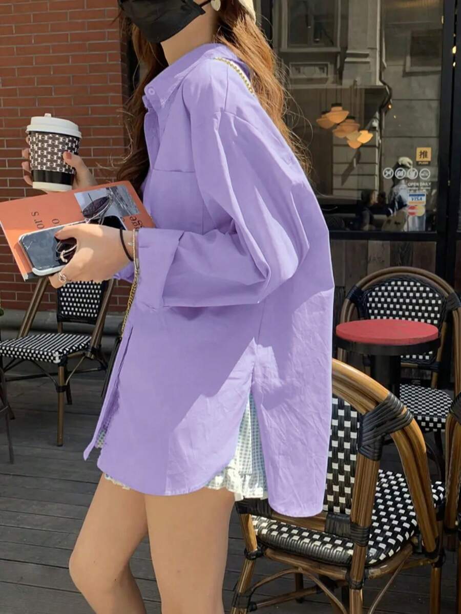 新款宽松蓝色女式衬衫,独特设计休闲外套式上衣,春秋季打底长袖上衣 - 紫色 - 查看 1