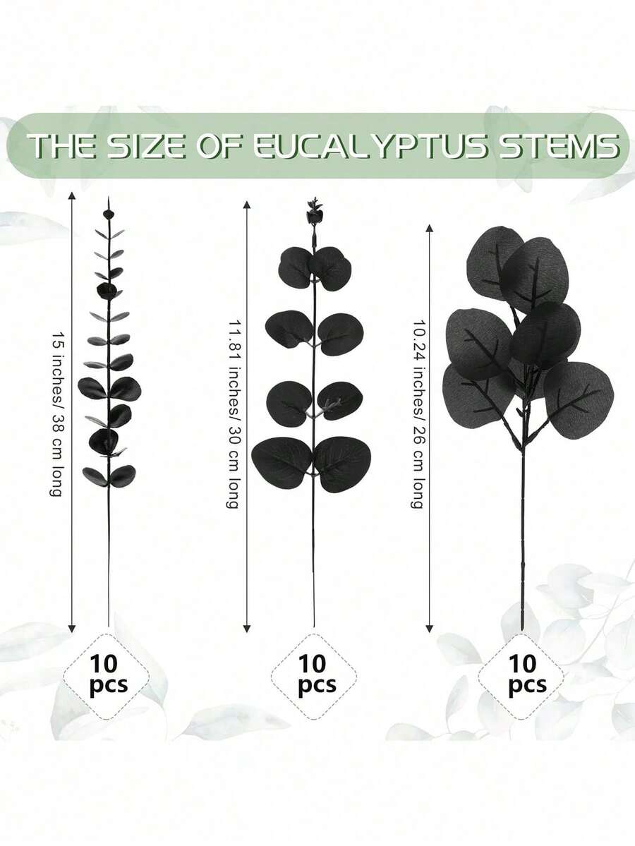 30pcs Eucalyptus Leaf Stems With Fruit, Artificial Greenery For Halloween, Suitable For Wedding Vase Bouquet Floral Arrangement Home Decor Halloween Decor Room Decor - Black - View 1