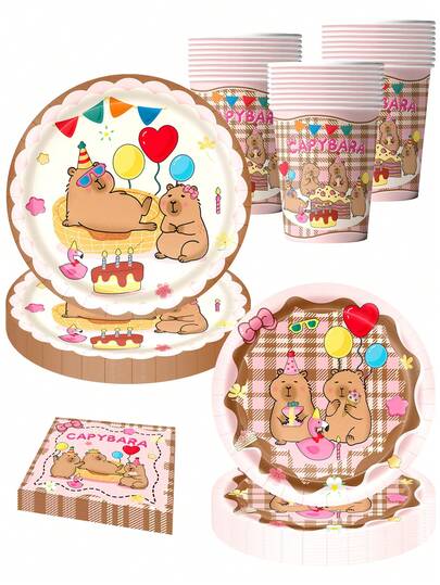 Bộ trang trí tiệc sinh nhật chủ đề Capybara, bộ 10 món đồ dùng tiệc chủ đề Capybara màu hồng bao gồm - đĩa, cốc, khăn ăn, phục vụ 10 người.