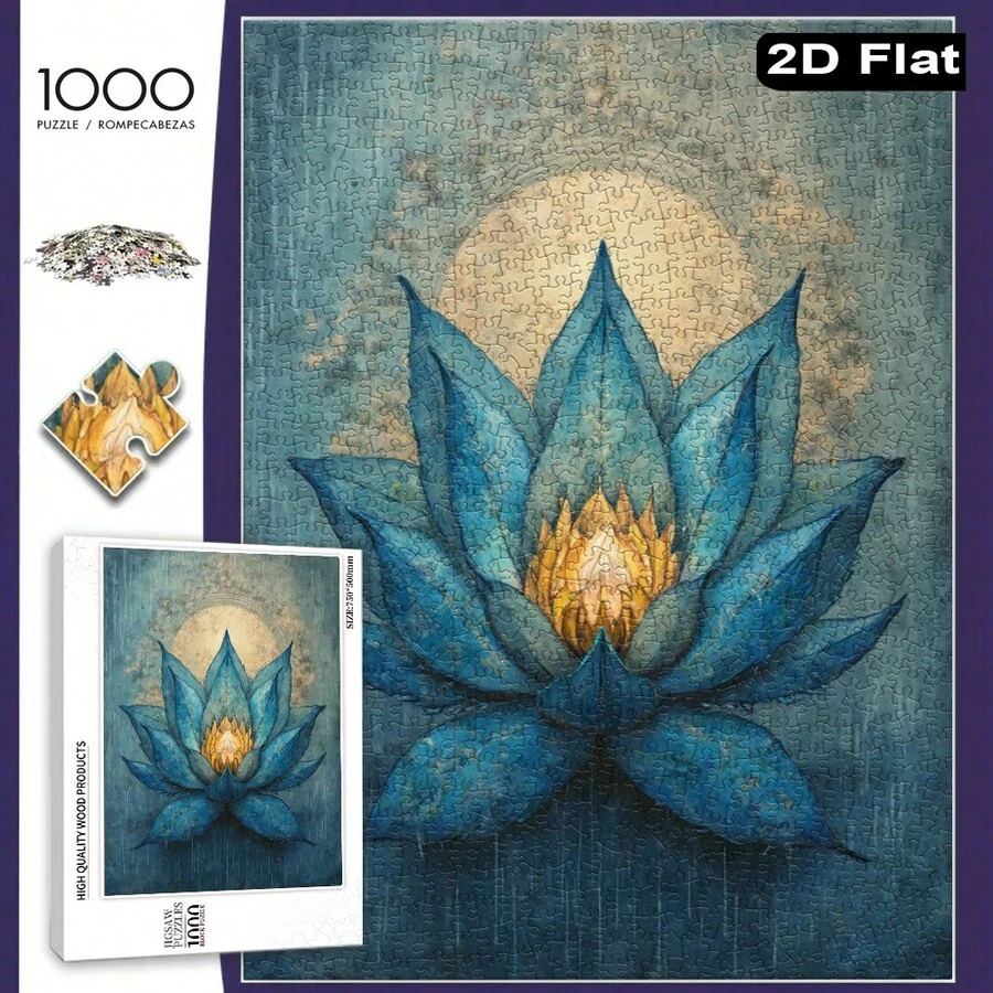 Large Wood Puzzle For - Turquoise & Golden For Lotus Flower Art With 2D Flat Pieces, Blue/Green/Brown/Beige/Burgundy/Coral/Peach/Brown Hues - Intricate Boxed Puzzle For Relaxation, Home Decor & Challenging Gift (For Lotus Flower - 500件 - 查看 1