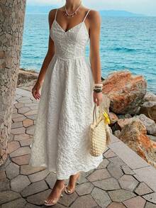 女士春夏法式优雅提花V领吊带A字中长连衣裙，白色，适合度假、婚礼宾客穿着 - 白色 - 查看 8